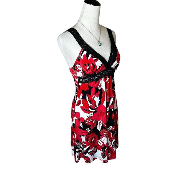 Vintage Forever 21 Babydoll Red Floral Lace Trim Tunic Mini Dress L | Y2K Retro - Picture 2 of 7